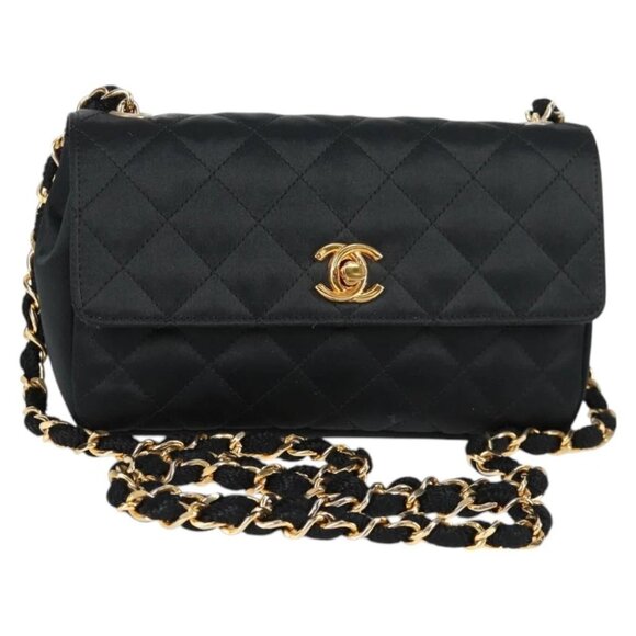 CHANEL Matelasse Chain Shoulder Bag Satin Black Gold CC Auth 126240V - Picture 1 of 15